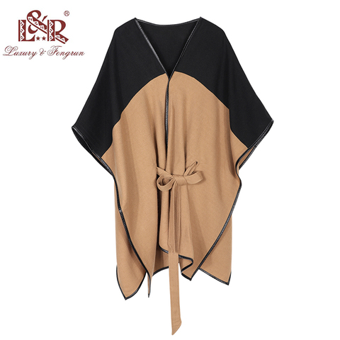 2022 New Design Waistban Dess Winter Poncho for Women Ladies Cashmere Wool Ponchos Leather Hem Shawl Knitted Women Poncho Scarf ► Photo 1/6