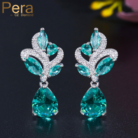 Pera Korean Style Light Blue Cubic Zirconia Silver Color Cute Dangle Leaf Drop Earrings for Women Fashion Jewelry Gift E630 ► Photo 1/6