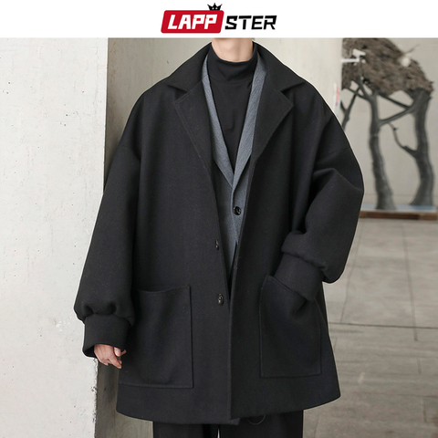 LAPPSTER Oversized Men Korean Solid Winter Coat 2022 Wool Coat Male Black Harajuku Trench Coat Flannel Button Jackets And Coats ► Photo 1/6