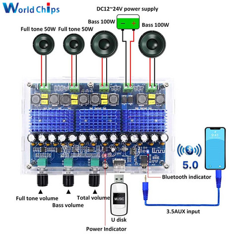 XH-A310 TPA3116D2 Bluetooth 5.0 Amplifier Board 4 CH 50Wx2+100Wx2 Audio Digital AMP 3.5mm AUX USB Input Subwoofer Home Theater ► Photo 1/6