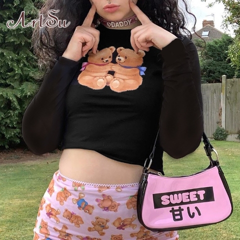 ArtSu Cartoon Bear Black T shirt Kawaii Cute Shirt Graphic Tees Womens Long Sleeve Tops Basic Tshirt Femme Streetwear ASTS21300 ► Photo 1/6