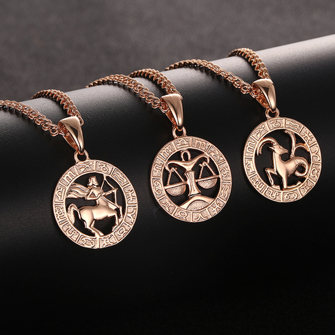 FJ 12 Zodiac Sign 585 Gold Color Constellation Rose White Pendants Capricorn/Gemini Twisted Necklace Chain Women Men Jewelry ► Photo 1/5