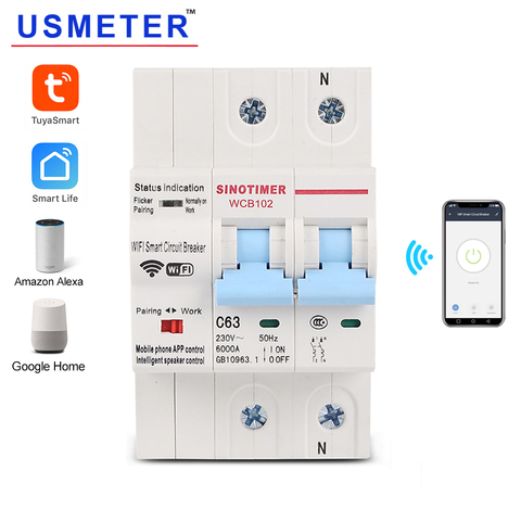 WCB102 2P 220V 63A Remote Control WiFi Smart Circuit Breaker Electric Switch MCB For Tuya Smart Life APP Amazon Alexa Google Hom ► Photo 1/6