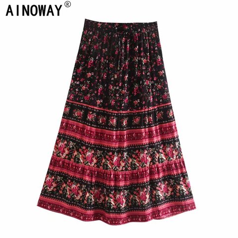 Multi floral print ethnic Vintage chic women beach Bohemian skirt ladies High Elastic Waist rayon cotton Boho Maxi Skirts ► Photo 1/6