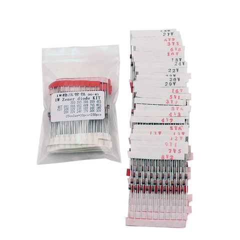 1W   (3V to 33V)   250 Pcs 25 Values 1W  Zener Diode Assorted kit Assortment Set New ► Photo 1/6