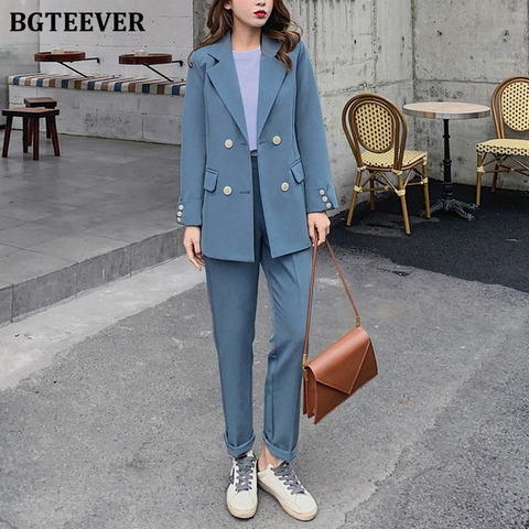 Women Suit Gray Casual Blazer & High Waist Pant Office Lady Notched Jacket Pant  Suits Korean Femme 2 pieces set…