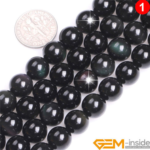 Natural Stone Rainbow Black Obsidian Round Loose Beads For Jewelry Making Strand 15