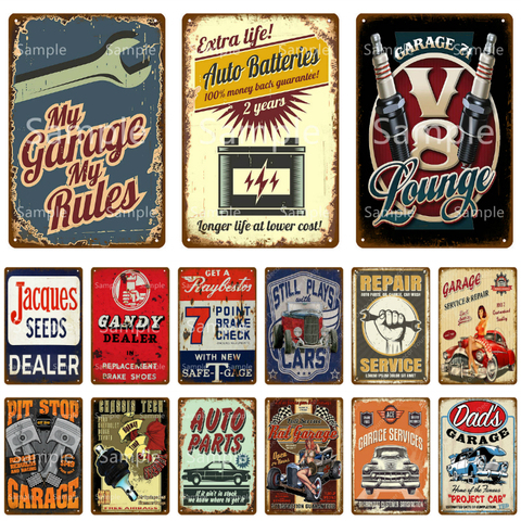 Vintage V8 Lounge Garage Decor Cars Metal Tin Signs Garage Rules Gas Oil Bar Painting Poster Plaque Pub Wall Decor YL048 ► Photo 1/6