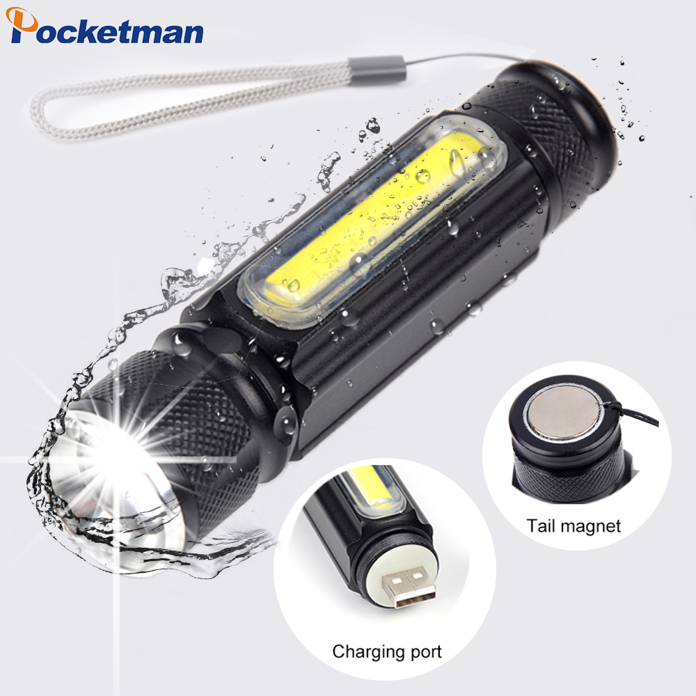 T6 LED Flashlights COB Side Work Light USB Rechargeable Magnetic Tail Zoomable