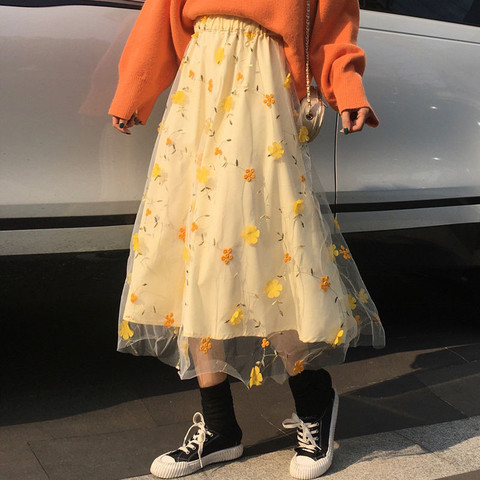 Yellow 3D Flower Lace Skrit Women High Waist Mesh Long Skrit Female elegant Midi tulle skirt Sweet Cute Student School Wear saia ► Photo 1/6