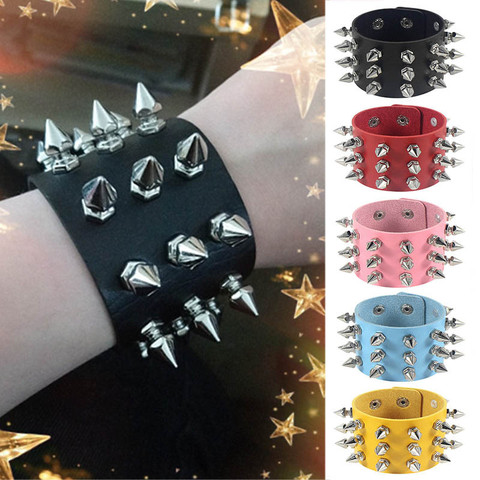 Three Row Cuspidal Spikes Rivet Stud Wide Cuff PU Leather Punk Gothic Rock Unisex Bracelet Men Jewelry Leather Bracelet ► Photo 1/6