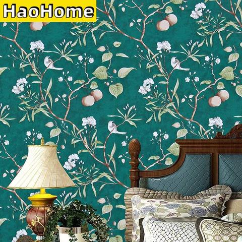HaoHome Peach Tree Peel and Stick Wallpaper Green Wallpaper Modern Flower & Bird Waterproof Removable Self Adhesive Wallpaper ► Photo 1/6