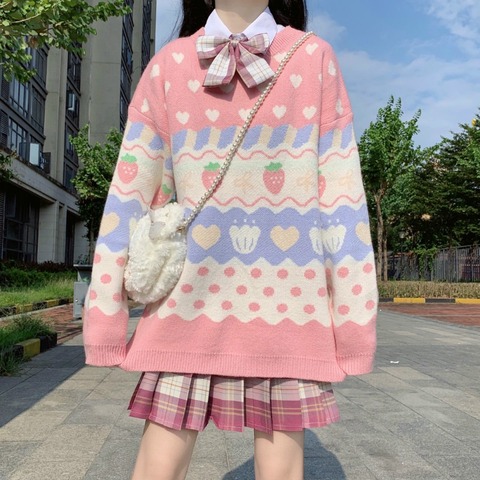 Cute Heart Women Knitted Sweaters Korean Strawberry Pink Jumper Oversize Kawaii Winter Cashmere Vintage Wool Pullover Knitwear ► Photo 1/6