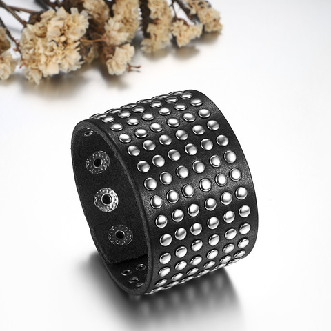 BONISKISS 2022 Fashion Stud Spikes Rivet Adjustable Leather Wristband Bangle Cuff Bracelet Wide Cuff Punk style Cool Men Jewelry ► Photo 1/6