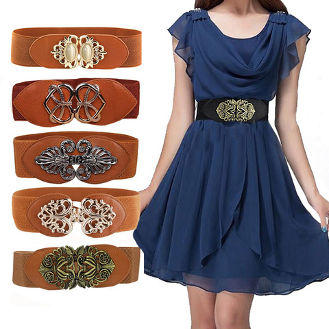 21 types New Women Elastic Wide Belt Thick Vintage Totem Print Stretch Leather Waist Belt For Dress Corset Cinch Waistband Z30 ► Photo 1/6