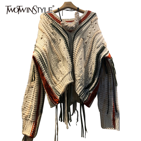 TWOTWINSTYLE Casual Patchwork Tassel Sweater For Women V Neck Long Sleeve Hit Color High Street Loose Knitted Pullovers Female ► Photo 1/2