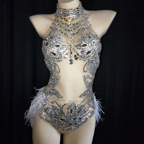 Sparkly Silver Crystals Mesh Bodysuit Women Feather Leotard Outfit Female Bar Dance Stage Party Dance Costume Celebrate Dress ► Photo 1/6