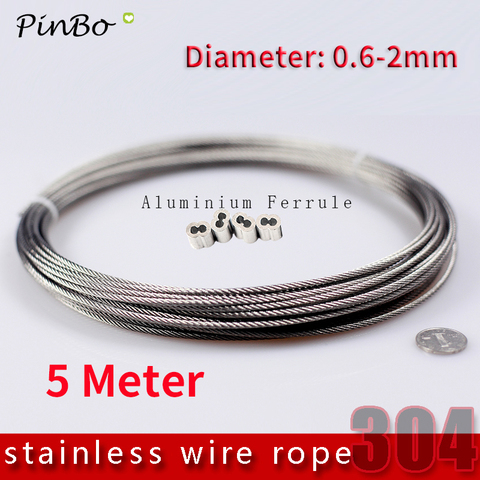 5 Meter 0.6mm 0.8mm 1mm 1.2mm 1.5mm 2mm 304 Steel Wire Rope Cable Clothesline Rustproof 304 Stainless Steel 7*7 ► Photo 1/6