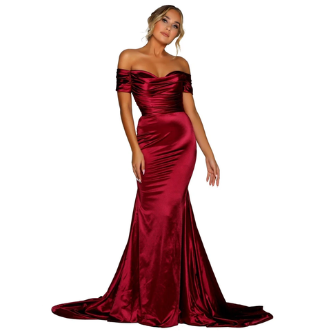 Burgundy Off the Shoulder Maxi Dress Evening Party Long Stretch Satin Slash Neck Elegant Floor Length Gown ► Photo 1/6