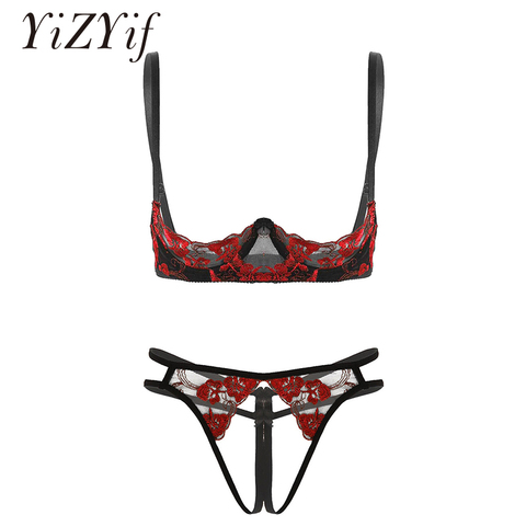 Womens Open Half Cups Bra G-string Set Bare Exposed Breasts Erotic Embroidery lace lingerie Sexy Bra Tops with Crotchless Thongs ► Photo 1/6