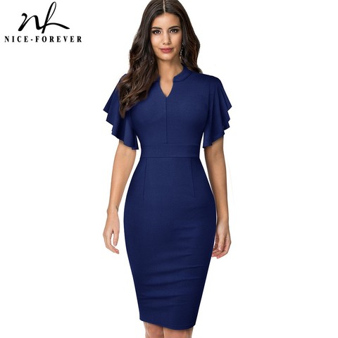 Nice-forever Vintage Solid Color Elegant Office Work vestidos Business Party Bodycon Ruffle Women Pencil Dress B572 ► Photo 1/6