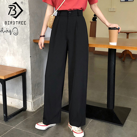 Women Wide Leg Pants 2022 Summer Thin Fabric High Waist Pockets Button Fly Long Trousers Casual Bottoms All Match B06810K ► Photo 1/6