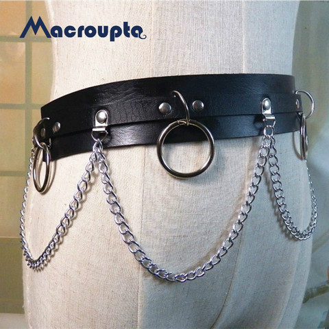 2022 New Punk Gothic Faux Leather Belt Metal Chain Ring Waist Strap Street Dance Decor ► Photo 1/5