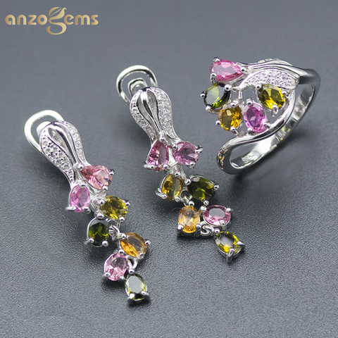 Anzogems natural color tourmaline flower jewelry sets 925 sterling silver rose earrings ring gemstone jewelry for women's summer ► Photo 1/6