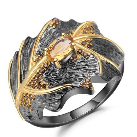 Retro Oval Crystal Wedding Rings for Women Elegant Lady Black Gold Leaves Ring Female Jewelry Accessories ► Photo 1/4
