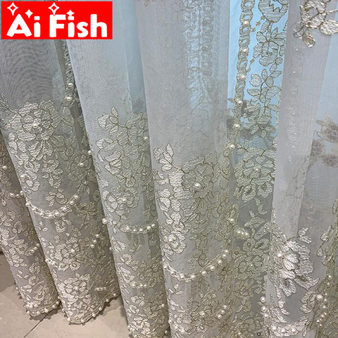 Delicate White Pearl Sheer Voile Luxury Embroidered Tulle Curtains for Living Room Romantic Gold Wire Line Wedding Decor M201-5 ► Photo 1/6