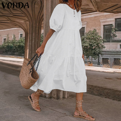 Summer Dress Vintage Sexy Lantern Sleeve Mid-Calf Dress VONDA 2022 Women' Sundress Casual Bohemian Beach Vestidos Plus Size ► Photo 1/6