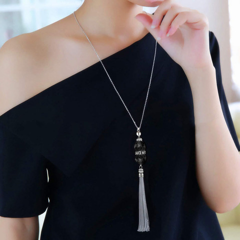 2022 New Crystal Bead Sweater Chain Necklace For Women Fashion Silver Color Tassel Pendant Long Necklace Statement Neck Jewelry ► Photo 1/6