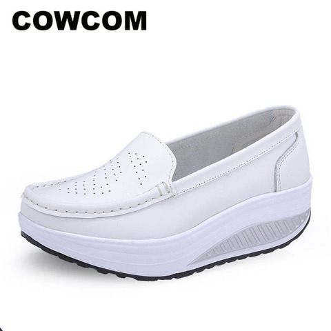 COWCOM  WADDLE Shoes White Breathable Sneakers Nurse Shoes Leather Thick Bottom Slope Muffin Women's Single Shoes ► Photo 1/5