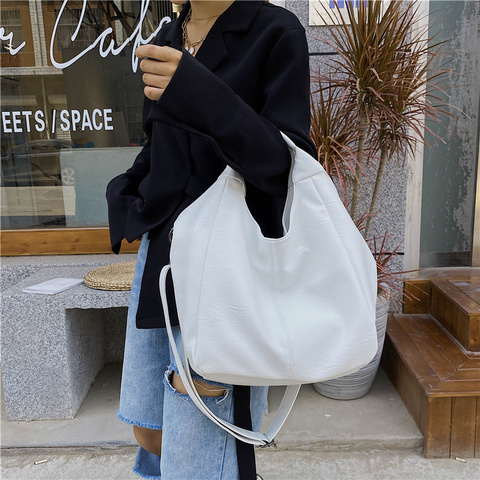 White Leather Women Half Moon Bags Large Capacity Hobo Shopper Bag Quality Soft PU Crossbody Bag Casual Korean Female Tote Bags ► Photo 1/6