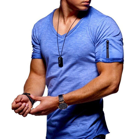 2022 New Men's V-neck T-shirt Fitness Bodybuilding T-shirt High Street Summer Short-Sleeved Zipper Casual Cotton Top ► Photo 1/6