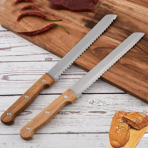 8-inch Stainless Steel Bread Knife Bamboo Wood Handle Serrated Cake Toast Slicing Knife Baking Tools Bread Cutting Knife ► Photo 1/6