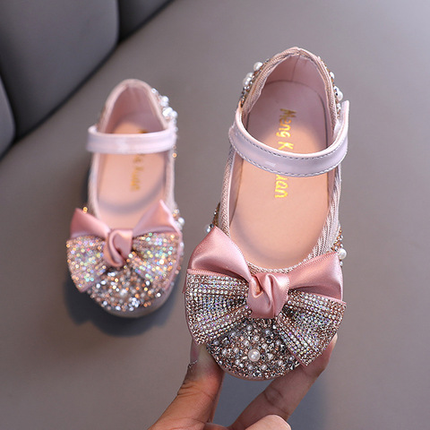 New Children Leather Shoes Rhinestone Bow Princess Girls Party Dance Shoes Baby Student Flats Kids Performance Shoes D785 ► Photo 1/6