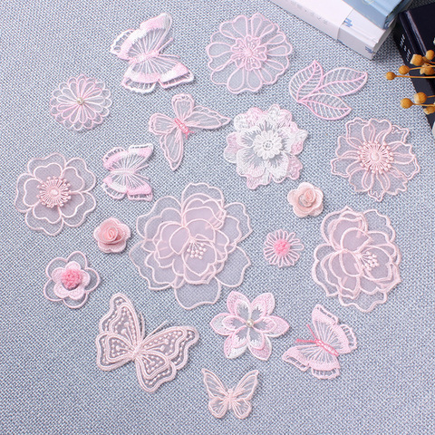 Iron or Sew on Lace Embroidery Patches Pink Rose Flower Butterfly Applique for Clothing Dress Stripes Clothes Wedding Decoration ► Photo 1/6