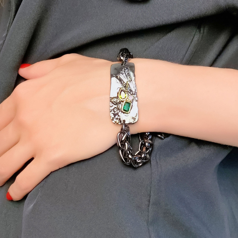 Punk big Chain link bracelet Black 2 tone Olivine Multi CZ Free size Cool Large bangle Unisex wrist ► Photo 1/6