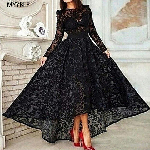 Black Muslim Evening Dresses 2022 A-line Long Sleeves Tea Length Lace Islamic Dubai Saudi Arabic Long Elegant Evening Gown ► Photo 1/6