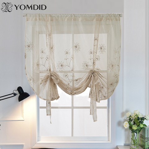 Window Curtain Kitchen Short Curtains Tulle for Living Room Home Decor Vines Flower Drawstring Tulle Embroidered Sheer Voile ► Photo 1/6