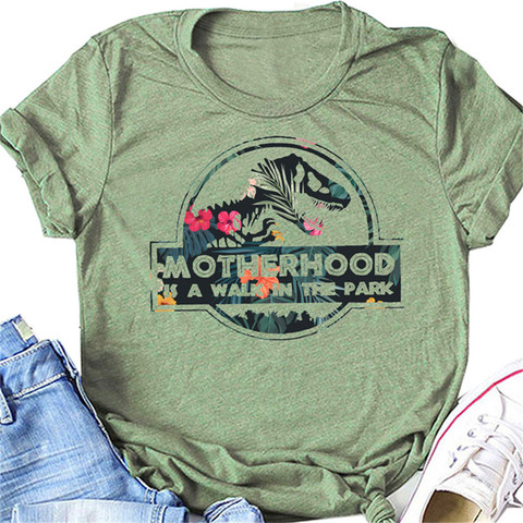 MOTHERHOOD IS A WALK IN THE PARK Letter Harajuku Print Women T shirt Cute Dinosaur Head Graphic Tshirt Female Vintage T-shirt ► Photo 1/6