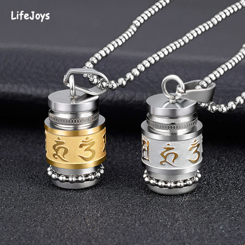 Stainless Steel Om Mani Padme Hum Pendant Buddhism Amulet Wheel Bottle Necklace Rotatable Memorial Urn Jewelry Openable Storage ► Photo 1/6