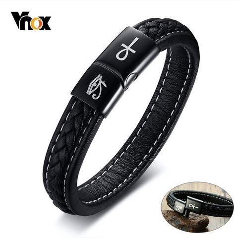 Vnox Engraved Ankh Cross Eye of Horus Bracelets for Men Black Genuine Leather pulsera masculina 19/21/23cm ► Photo 1/6