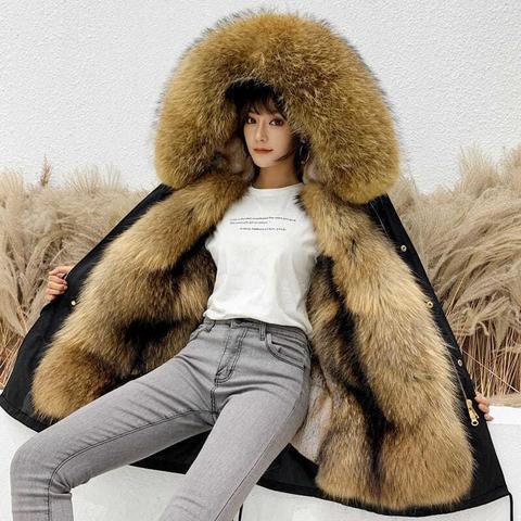 HANZANGL Women Fur Coat 2022 Winter New Style Overcoming Coat Mid-length Detachable Raccoon Fur Liner Parkas 10 color M-7XL ► Photo 1/5