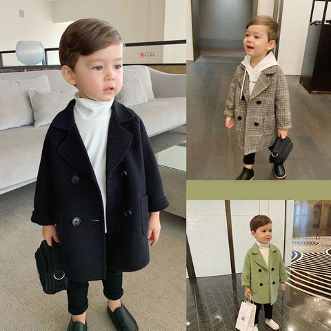 Winter Grid Jackets Boys girls Woolen Double-breasted Baby Boy Trench Coat Lapel Kids Outerwear Coats Wool Coat  Winter Overcoat ► Photo 1/6