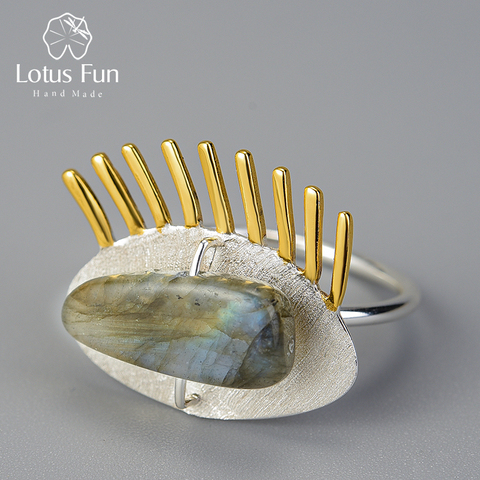 Lotus Fun Real 925 Sterling Silver Natural Labradorite Fine  Jewelry Adjustable Ring Interesting Golden Eyelashes Ring for Women ► Photo 1/6