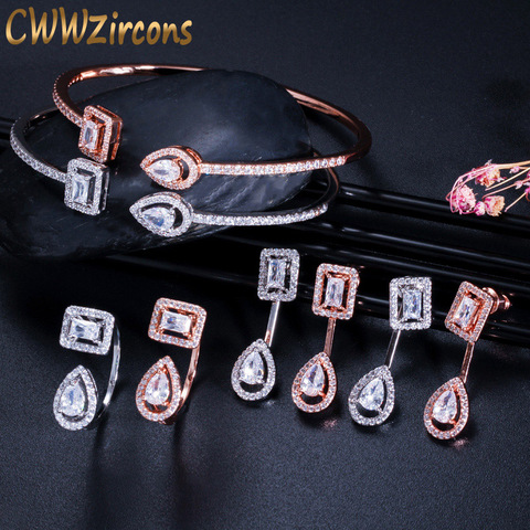 CWWZircons Brand Fashion Ladies Jewelry Set Micro Pave CZ Stone Cuff Bracelet Bangle Rings Earrings for Women Engagement T338 ► Photo 1/6