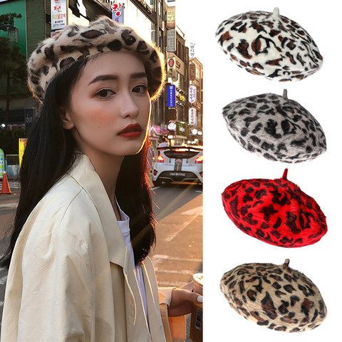 French Style Fashion Leopard Print Beret Winter Warm Rabbit Hair Beret Female Vintage Beret Soft Beanie Hat ► Photo 1/6