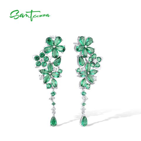 SANTUZZA Pure 925 Sterling Silver Drop Earrings For Women Delicate Flowers Green Spinel White Cubic Zirconia Party Fine Jewelry ► Photo 1/6